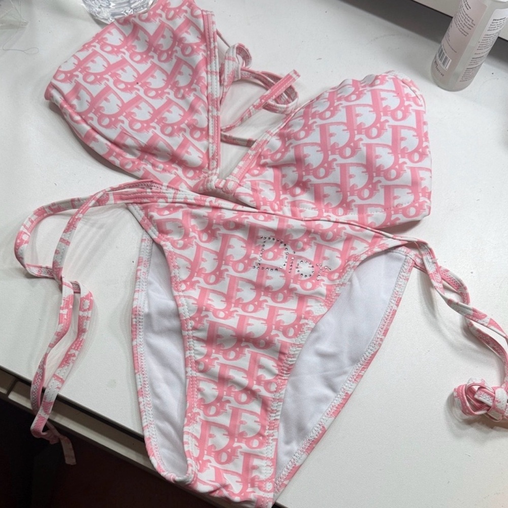 Pink and White Monogram Bikini